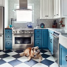 Southern Home Vintage Cottage Kitchen with Blue Cabinets Black and White Floors and Brown Dog