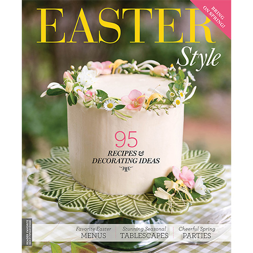 Hoffman Home & Decor Easter Style 2022 Cover Featuring White Cake With Pink Floral Trim on Green Cake Stand