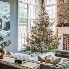 christmas tree next to fireplace in a living room
