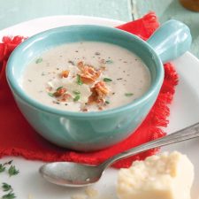 Cauliflower Soup in teal bowl