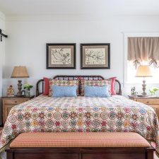 Bedroom with patterned bedding
